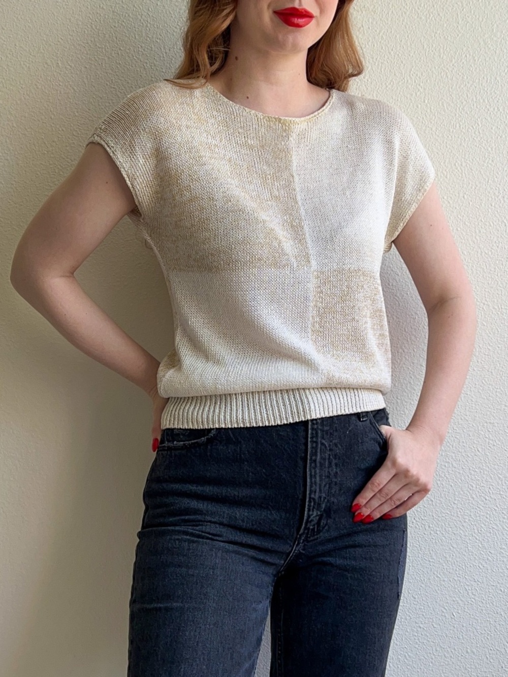 Vintage 1970s Tan and White Quadrant Sweater (M/L)